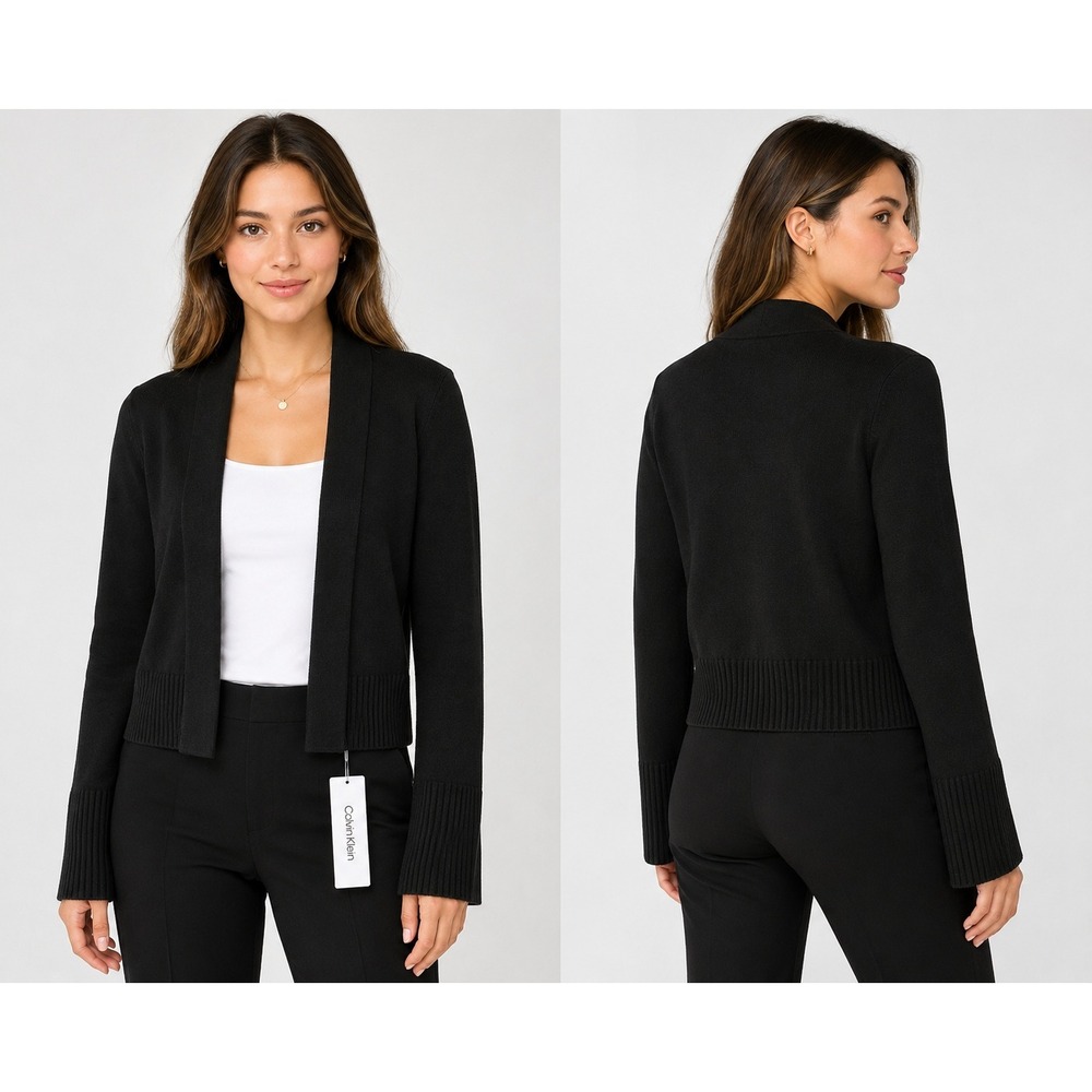 Calvin Klein Womens Black Open Front Cropped Cardigan Sweater Shawl Collar Med